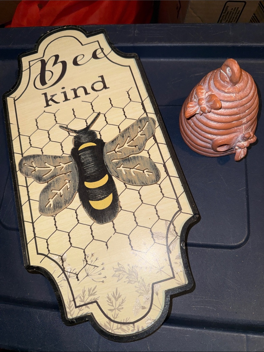 Bee Kind Wall Decor Sign  and  brown/white beehive decor shelf sitter figure